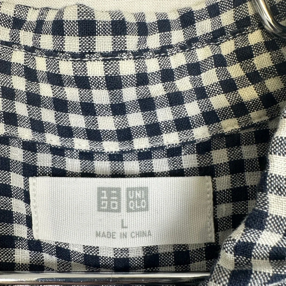 Uniqlo Linen Button Down Shirt Womens L Navy Blue Gingham Excellent Long Sleeve - Picture 8 of 10